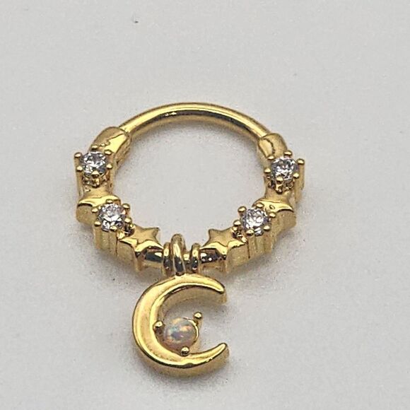 Gold Tone Stainless Steel Moon & Stars Opal & CZ Septum Clicker Nose Ring - Picture 4 of 5